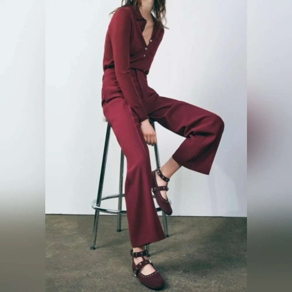 ZARA Burgundy Maroon Wine Studded Suede Leather Ballet Flats, NWT Size 38 EU